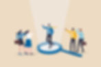 An illustration of a team celebrating and one of the people in the team on top of a magnifying glass