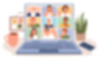 Illustration of diverse individuals on a laptop screen participating in a virtual meeting or online chat