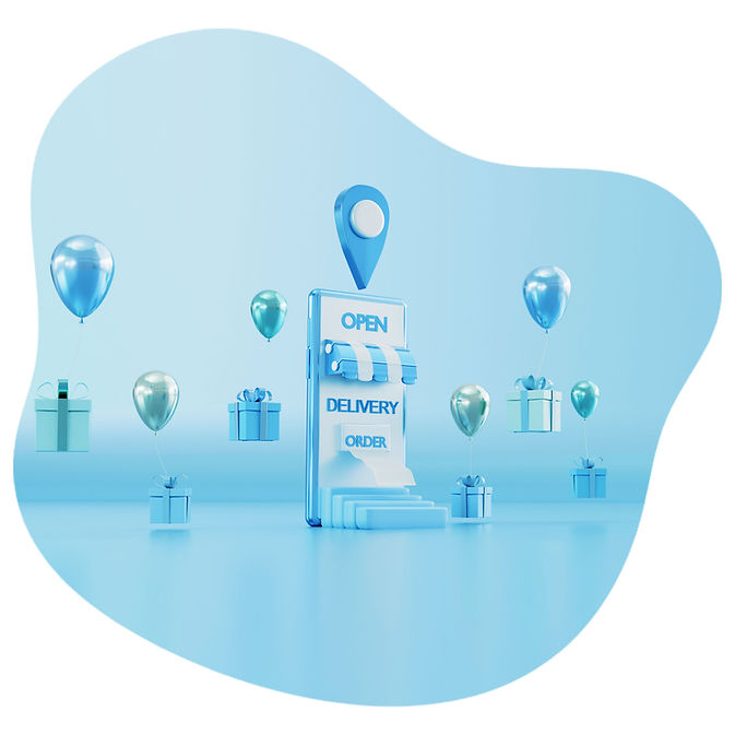 A stylized blue monochromatic image featuring a smartphone with the words "OPEN DELIVERY ORDER," floating balloons, and gift boxes, creating a celebratory online shopping and delivery concept.