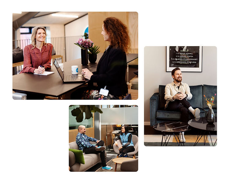 A collection of images showcasing workplace interactions: a smiling woman at a desk speaking with a colleague, a man seated comfortably in an office lounge, and two colleagues having a conversation in a modern office setting.